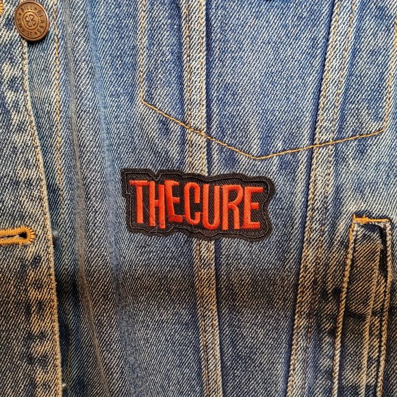 Vintage Bill Blass Denim Jacket Disturbed Upcycle Patch Band Womens Petite Large - Picture 9 of 9